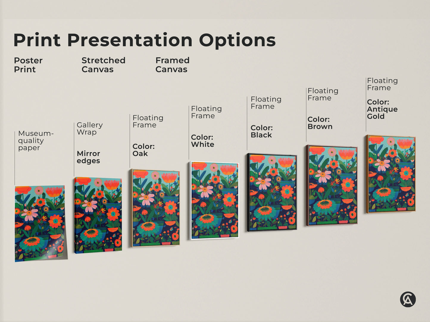 Print presentation options featuring modern folk art artwork. Showcase includes poster print stretched canvas and framed canvas. Choose from various floating frame colors like oak white black brown and antique gold. Perfect abstract botanical wall art for any decor style.