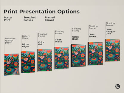 Print presentation options featuring modern folk art artwork. Showcase includes poster print stretched canvas and framed canvas. Choose from various floating frame colors like oak white black brown and antique gold. Perfect abstract botanical wall art for any decor style.