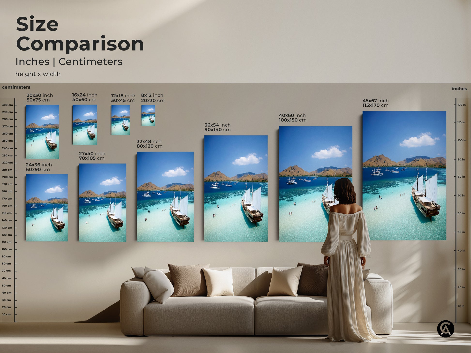 Compare sizes of our aerial ocean canvas prints. Visualize how this coastal landscape artwork transforms your space. Sizes range from small to large. See the impact of the beach house decor. The turquoise waters and sailboats artwork will bring paradise into your living room.