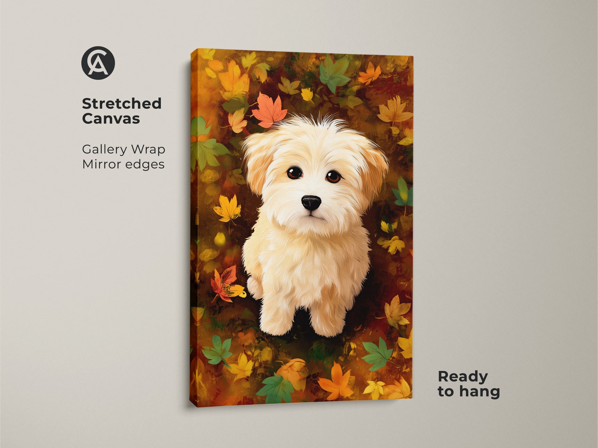 Gallery-wrapped stretched canvas featuring a maltipoo puppy. The artwork showcases a cute dog surrounded by vibrant autumn leaves. Ready to hang with mirrored edges for a seamless display.