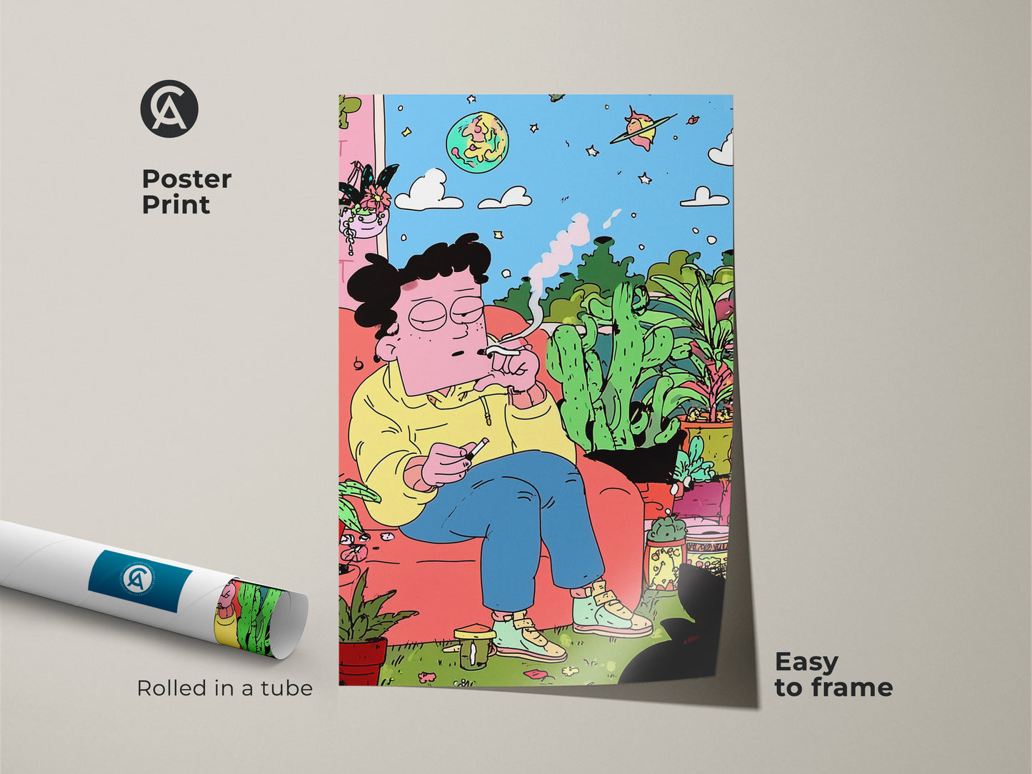 Poster print featuring colorful art of an indoor scene. A figure is chilling among various plants while smoking. The poster arrives rolled in a tube for easy framing. Add a unique piece of art to your living space. This poster print is easy to frame.