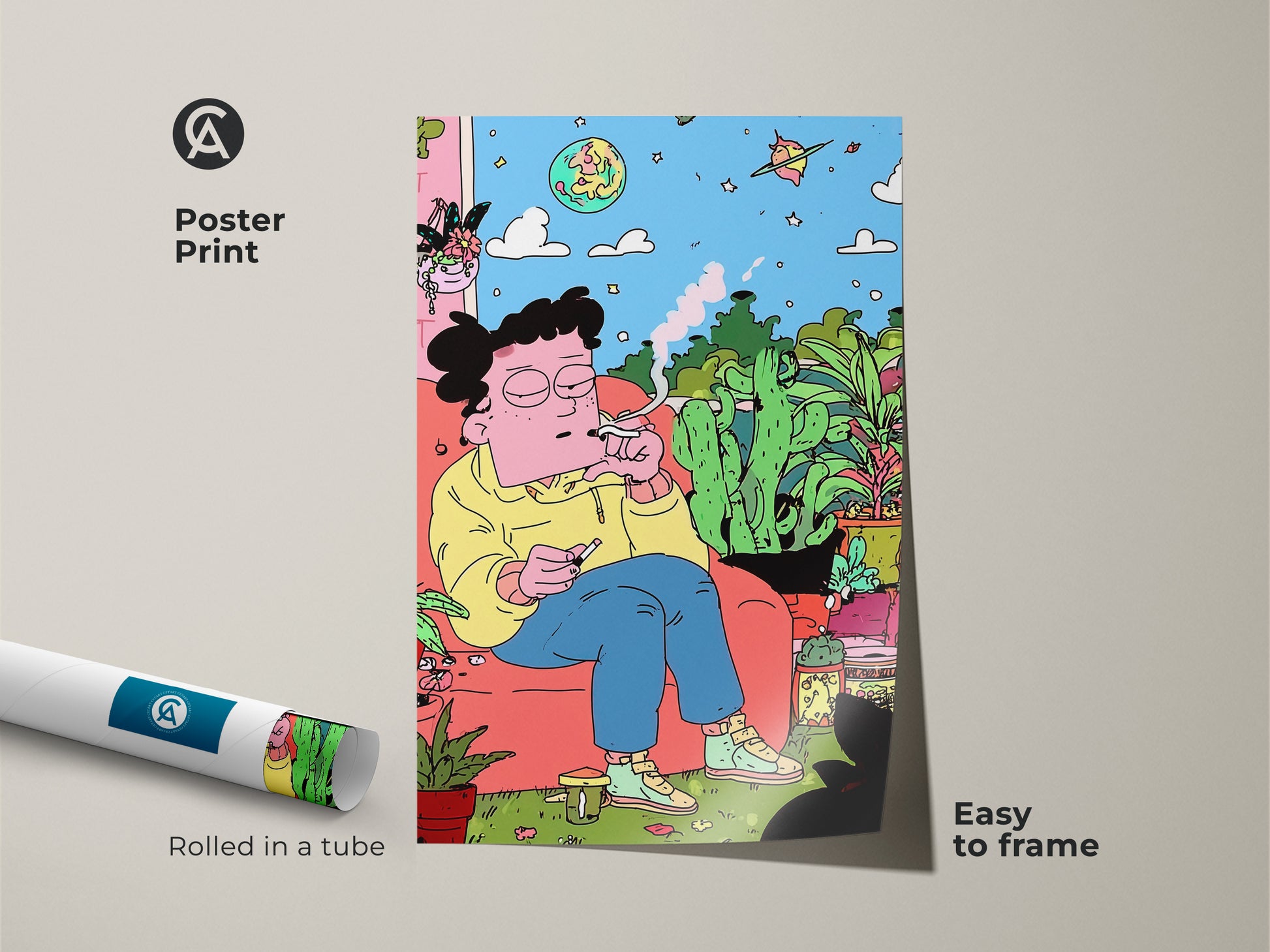 Poster print featuring colorful art of an indoor scene. A figure is chilling among various plants while smoking. The poster arrives rolled in a tube for easy framing. Add a unique piece of art to your living space. This poster print is easy to frame.
