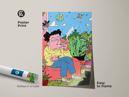 Poster print featuring colorful art of an indoor scene. A figure is chilling among various plants while smoking. The poster arrives rolled in a tube for easy framing. Add a unique piece of art to your living space. This poster print is easy to frame.
