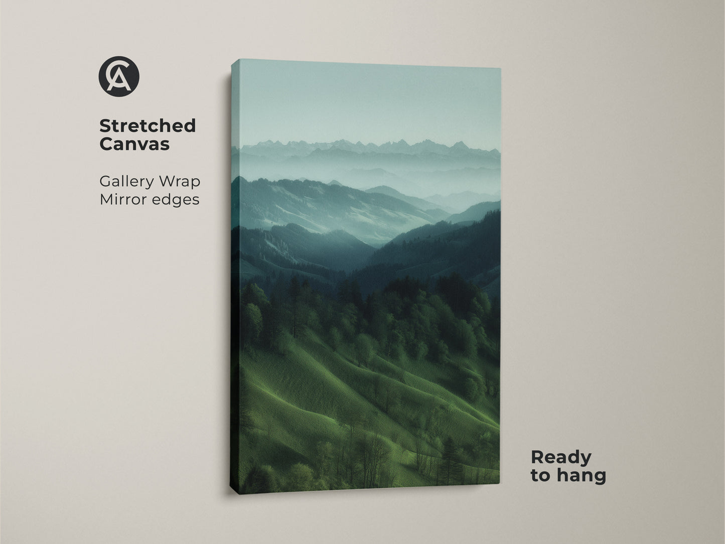 Stretched canvas of a misty mountain landscape. The gallery wrap with mirror edges enhances this teal green nature artwork. Ready to hang this outdoor landscape canvas art in your modern farmhouse decor. Calming forest view art.