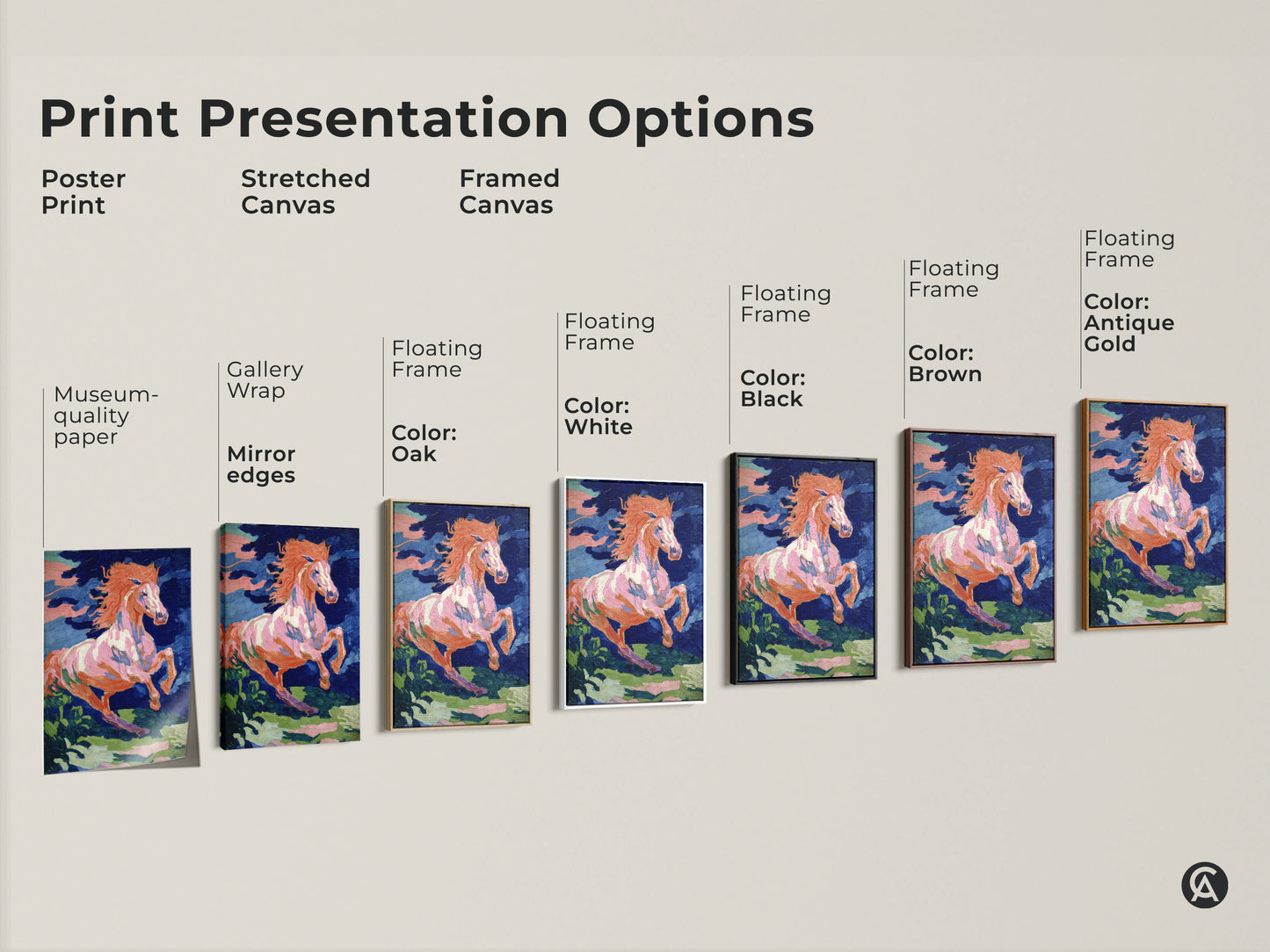 Explore print presentation options for expressive horse artwork. Choose from poster stretched or framed canvas. Floating frames in black brown oak antique gold and white are available. Find the perfect style for your animal art for bedroom or living room.