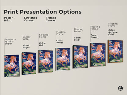 Explore print presentation options for expressive horse artwork. Choose from poster stretched or framed canvas. Floating frames in black brown oak antique gold and white are available. Find the perfect style for your animal art for bedroom or living room.