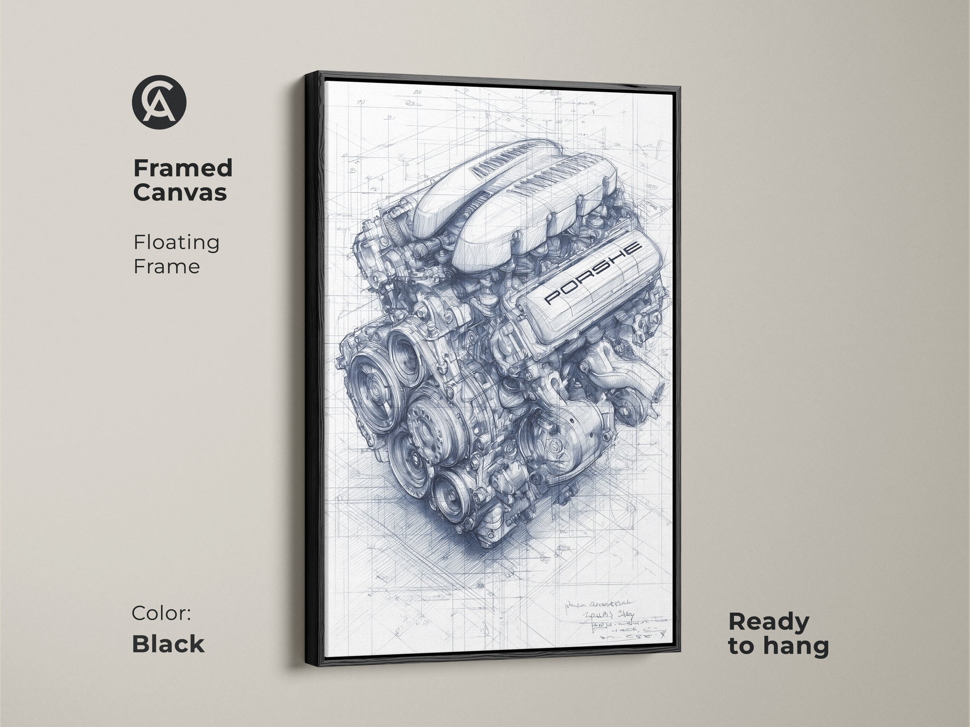 Black framed canvas of a Porsche engine blueprint. This technical drawing shows automotive engineering. Great for industrial wall decor and a car lover present. This high-detail engine drawing is ready to hang.