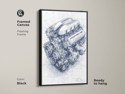 Black framed canvas of a Porsche engine blueprint. This technical drawing shows automotive engineering. Great for industrial wall decor and a car lover present. This high-detail engine drawing is ready to hang.