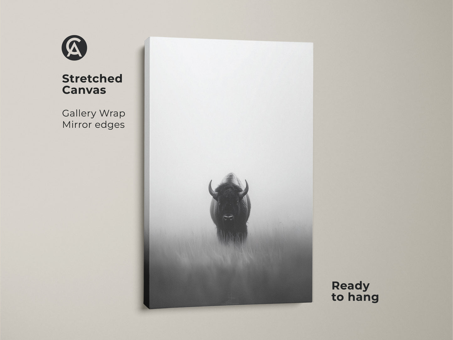A gallery wrapped stretched canvas featuring a monochrome bison. The black and white animal artwork has mirror edges making it ready to hang. Add a touch of minimalist wildlife art to your space. Ideal as nature animal wall art.
