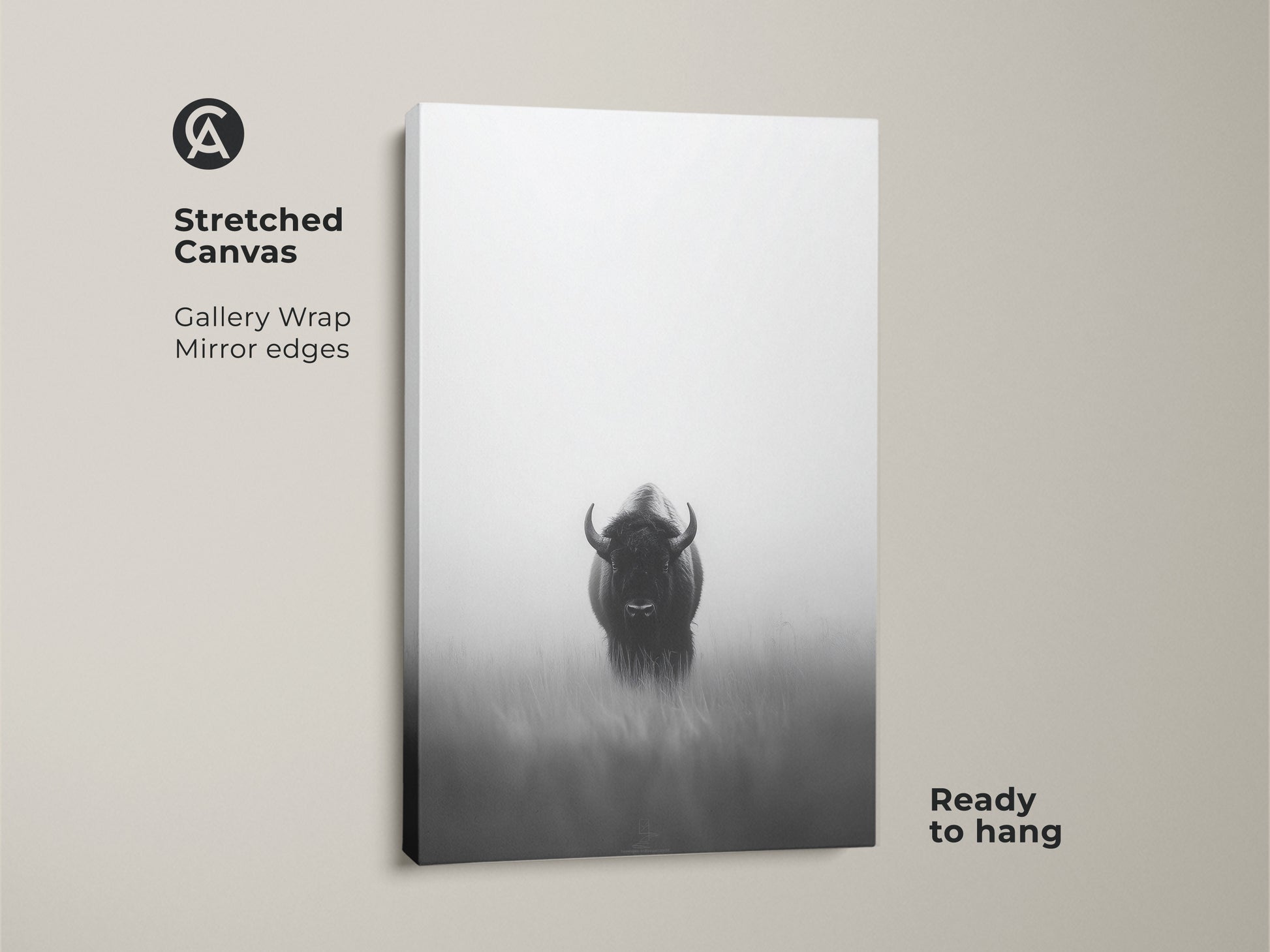 A gallery wrapped stretched canvas featuring a monochrome bison. The black and white animal artwork has mirror edges making it ready to hang. Add a touch of minimalist wildlife art to your space. Ideal as nature animal wall art.
