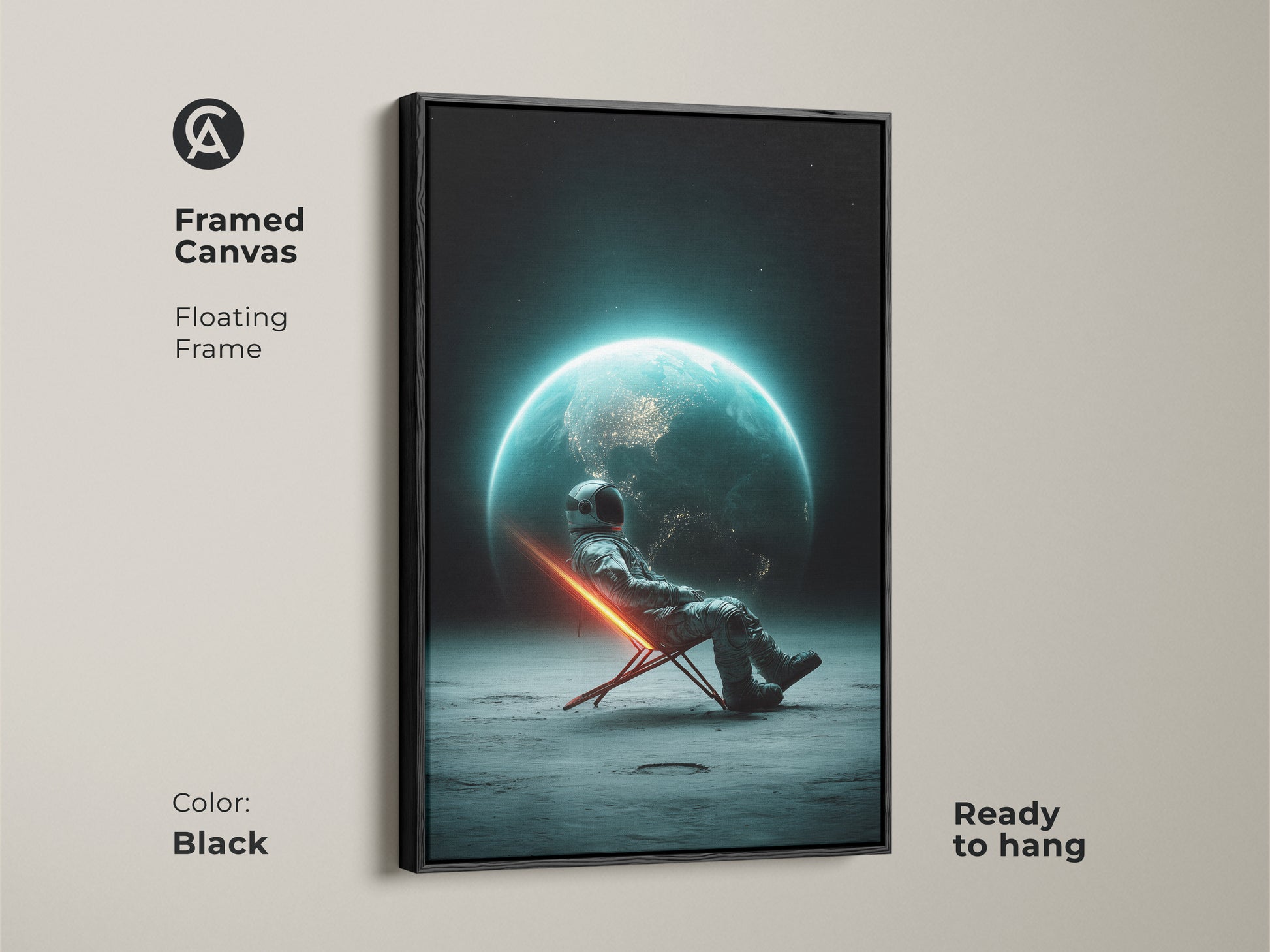 Black framed canvas of surreal astronaut art. The astronaut is relaxing on the moon with Earth in view. A framed futuristic space view adds celestial bedroom art. This contemporary art print is ready to hang. Perfect deep space wall decor.