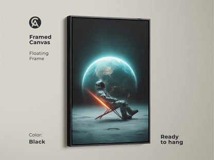 Black framed canvas of surreal astronaut art. The astronaut is relaxing on the moon with Earth in view. A framed futuristic space view adds celestial bedroom art. This contemporary art print is ready to hang. Perfect deep space wall decor.