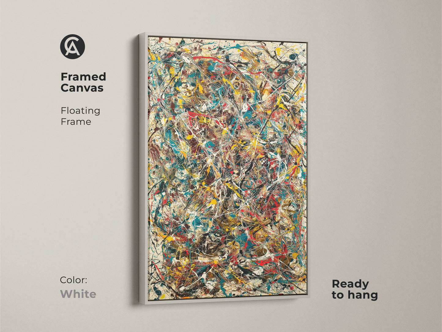 Framed canvas print of abstract artwork. A white floating frame adds a clean modern touch. This ready-to-hang artwork brings vibrant color to any room. Ideal for contemporary art collectors.
