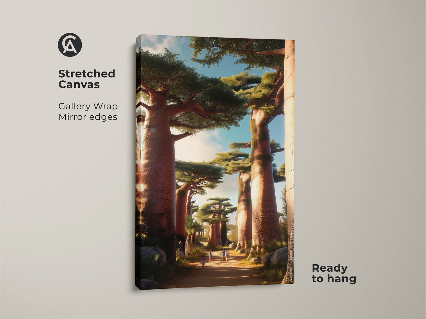 Stretched canvas featuring African savanna landscape art. Gallery wrapped with mirror edges this baobab tree canvas print is ready to hang. The earthy tones nature artwork evokes a sense of wanderlust. Add a unique touch of boho to your entryway wall decor.