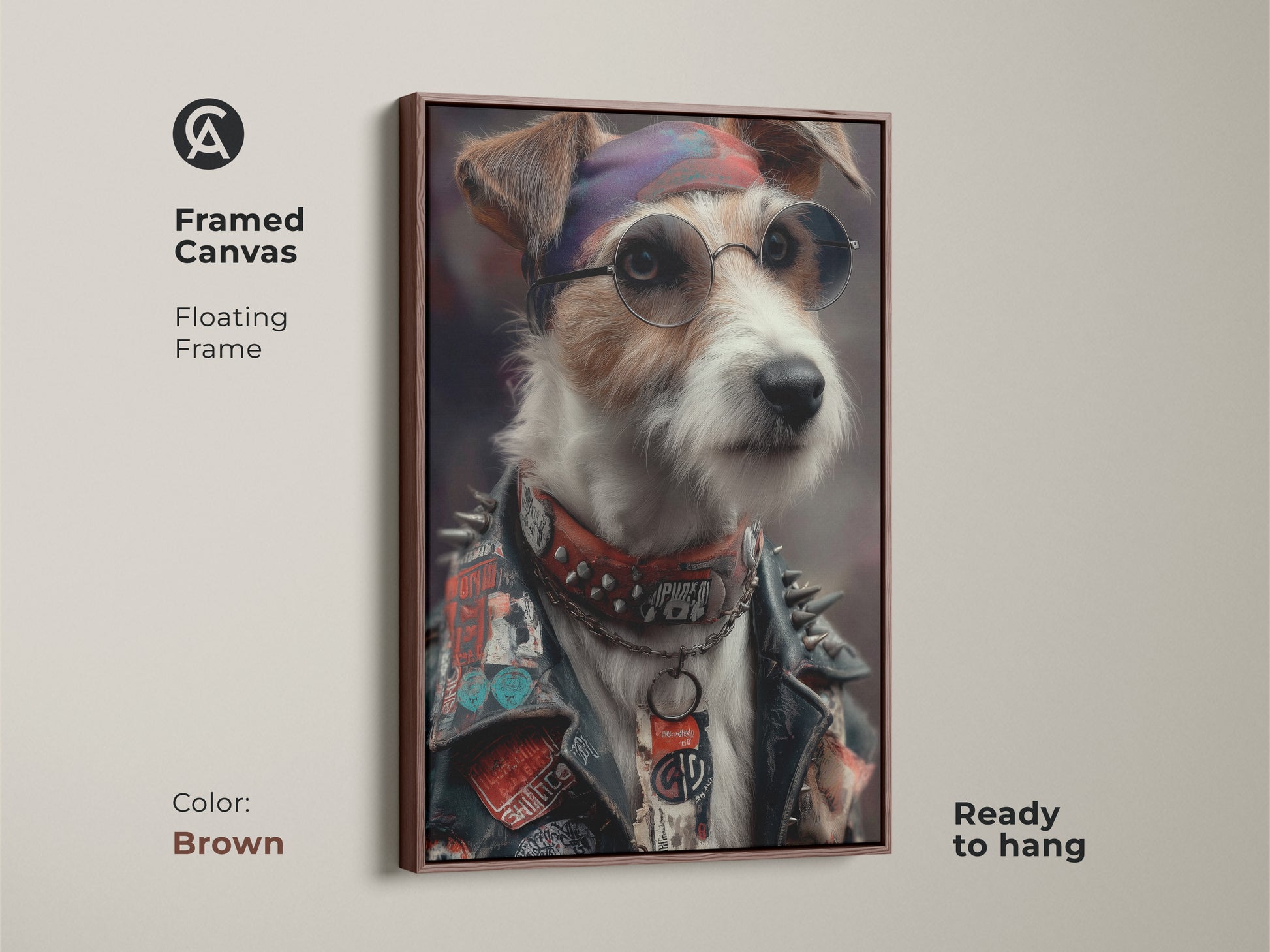 Brown framed canvas showcasing a Punk Jack Russell Terrier portrait. This neo-Victorian style artwork brings an edgy touch. Perfect for eclectic homes and man caves. The ready-to-hang canvas enhances any dog lover's wall art collection.