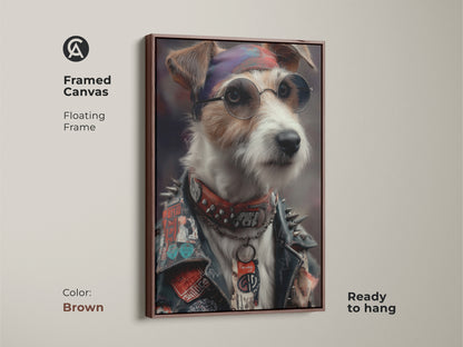 Brown framed canvas showcasing a Punk Jack Russell Terrier portrait. This neo-Victorian style artwork brings an edgy touch. Perfect for eclectic homes and man caves. The ready-to-hang canvas enhances any dog lover's wall art collection.