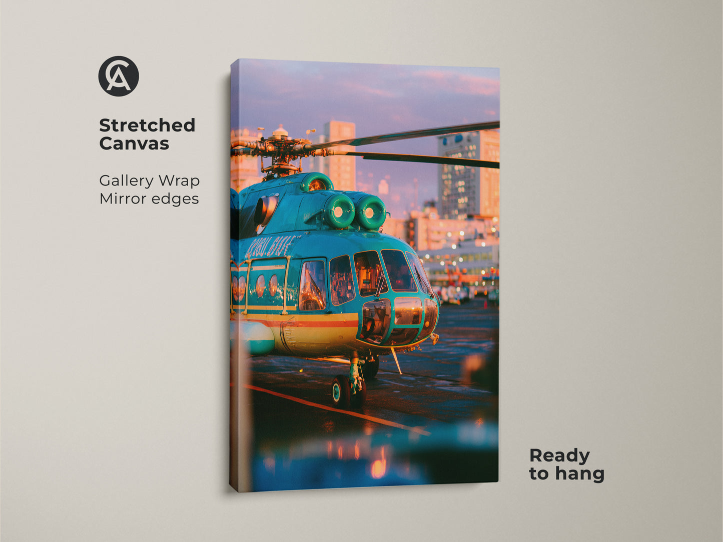 This stunning stretched canvas artwork showcases a teal helicopter at sunset. The gallery wrap and mirror edges give it a polished modern look. Ready to hang this piece is perfect for adding a focal point to your home. Experience the beauty of aviation art now. A great conversation starter.