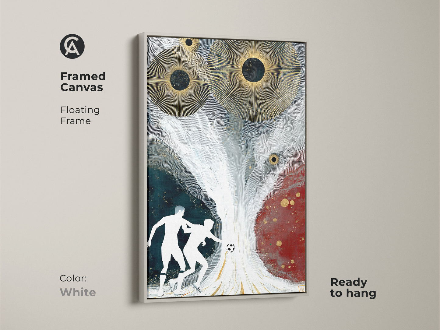 Framed canvas abstract soccer art with a white floating frame. This modern sports piece includes a dynamic soccer scene. It makes a great addition to any sports themed home decor. High quality artwork adds a contemporary flair to a living room or office with an eye-catching art piece.