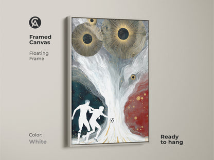 Framed canvas abstract soccer art with a white floating frame. This modern sports piece includes a dynamic soccer scene. It makes a great addition to any sports themed home decor. High quality artwork adds a contemporary flair to a living room or office with an eye-catching art piece.