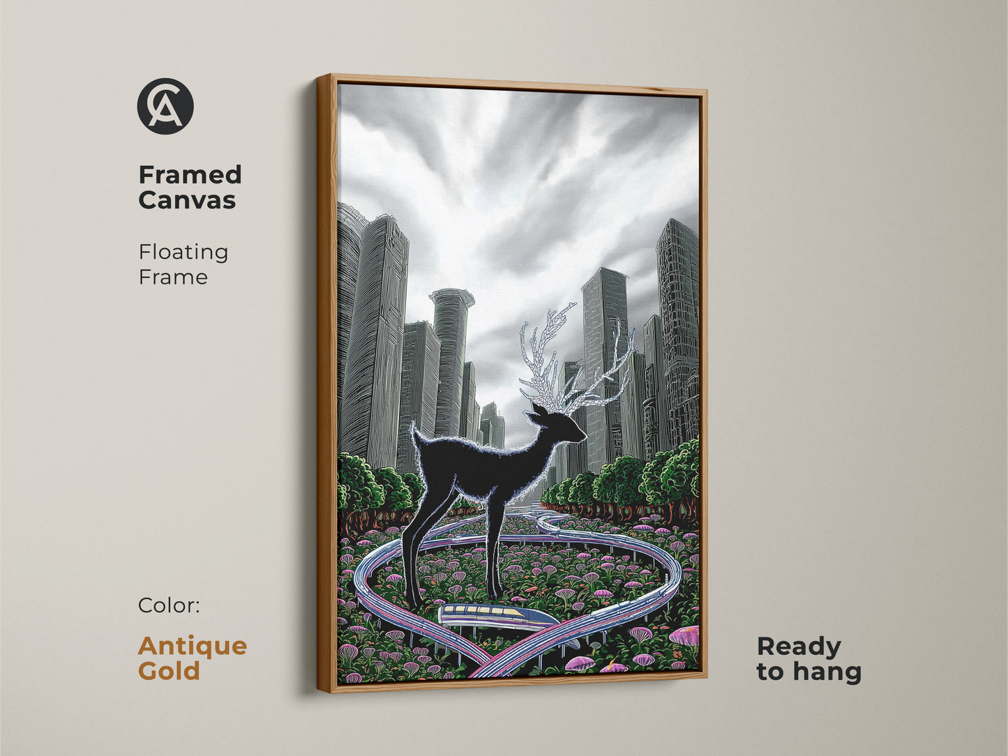 See the surreal deer art in an antique gold frame. The floating canvas highlights the animal in an urban setting. This black green artwork is ready to hang. It's an eclectic statement piece for any home. A unique gift for animal and art lovers.