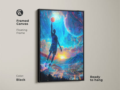 Framed canvas with a floating frame showcases basketball art. The black frame enhances the electric blue wall art. It is ready to hang for a modern bedroom artwork. Ideal for sports enthusiasts.