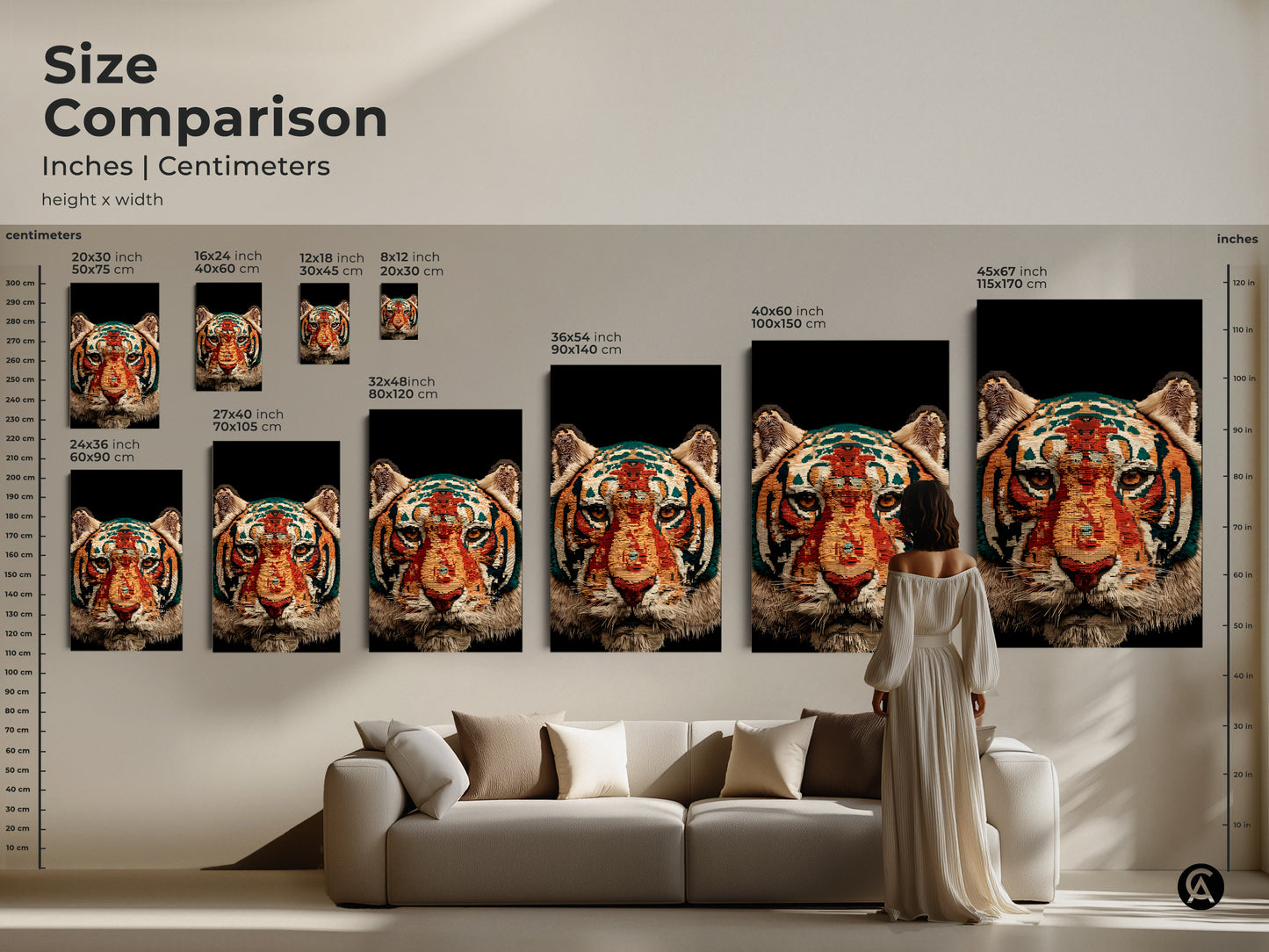 Size comparison of abstract tiger face art in inches and centimeters. The geometric wildlife print is shown in various sizes above a couch. This orange gold teal art makes a statement.