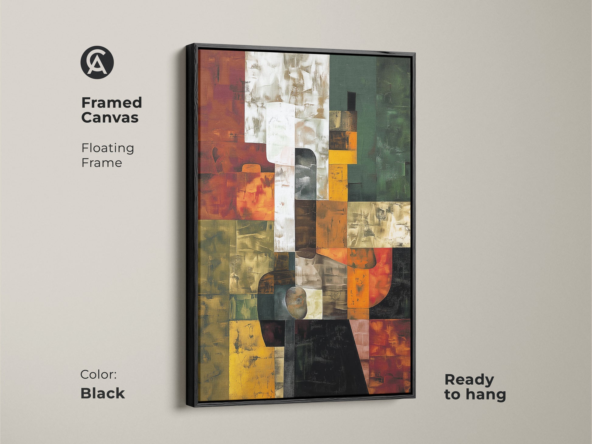 Black framed canvas featuring abstract geometric artwork is ready to hang. The floating frame enhances the modern contemporary canvas. The terracotta orange green art adds sophistication.