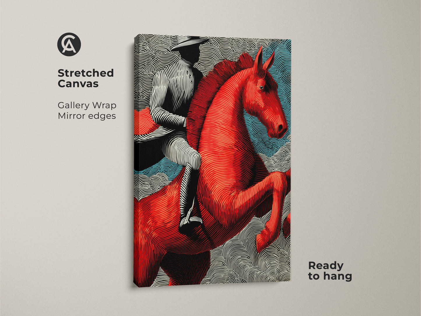 Stretched canvas of a red horse and rider wall art. This gallery wrap features mirror edges. Ready to hang this eclectic animal print offers a unique equestrian decor.