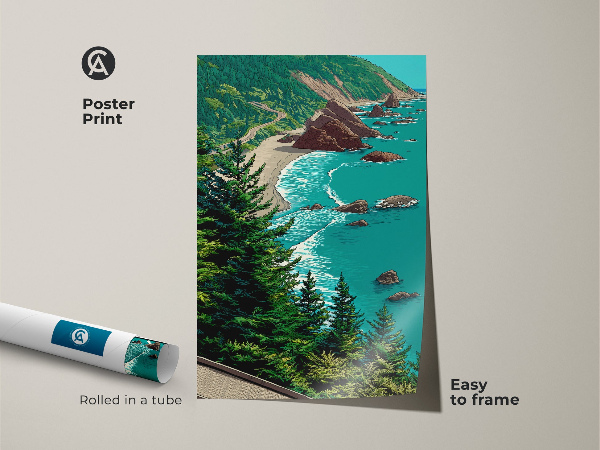 Coastal wall art print rolled in a tube. Ocean beach artwork featuring a rocky shoreline and teal blue green nature decor. Easy to frame this seaside nature art print is perfect for any space. The scenic ocean view canvas brings coastal charm to your home. An ideal housewarming present for beach lovers adding a touch of the seaside to any room.