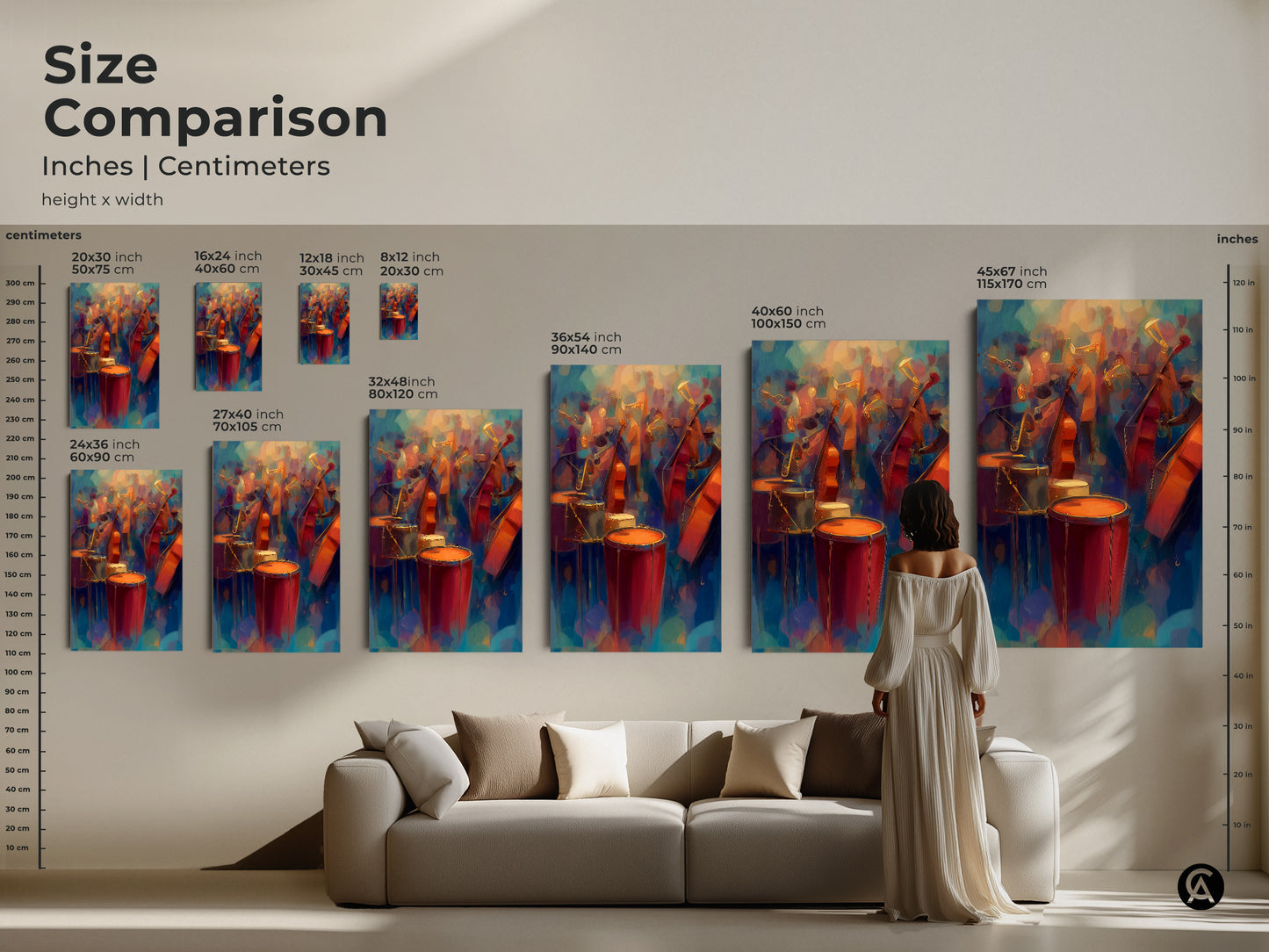 A size comparison of abstract jazz art prints in inches and centimeters. See how various sizes fit above a sofa. Find the ideal scale for your wall art and eclectic home decor needs.