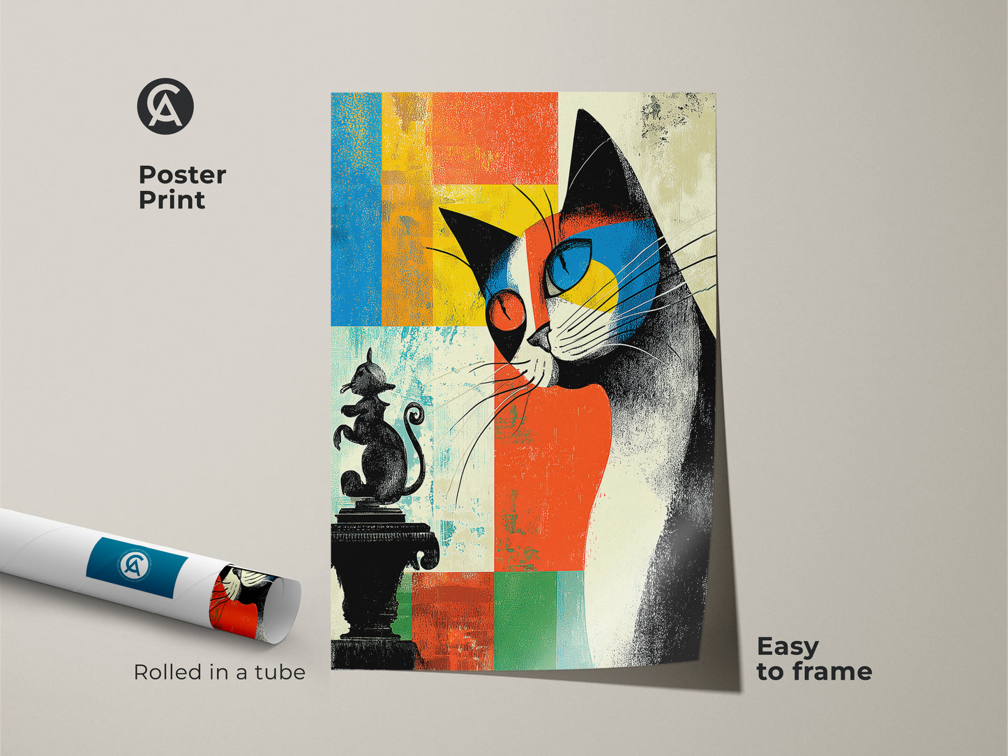 Poster print of an abstract cat art piece. The artwork showcases mid-century modern eclectic style. It is rolled in a tube easy to frame. This orange blue and yellow art is great for cat lovers.