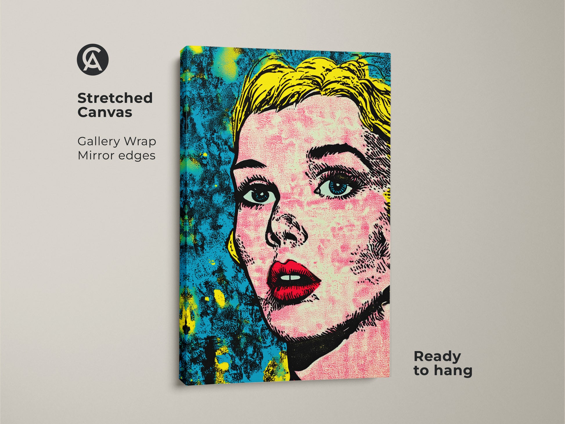 Close-up of a stretched canvas print featuring a pop art woman. The gallery wrap and mirror edges offer a clean look. This ready-to-hang canvas enhances any room's decor.