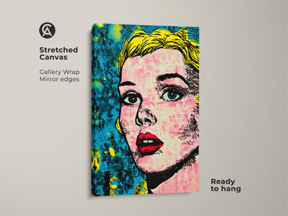 Close-up of a stretched canvas print featuring a pop art woman. The gallery wrap and mirror edges offer a clean look. This ready-to-hang canvas enhances any room's decor.