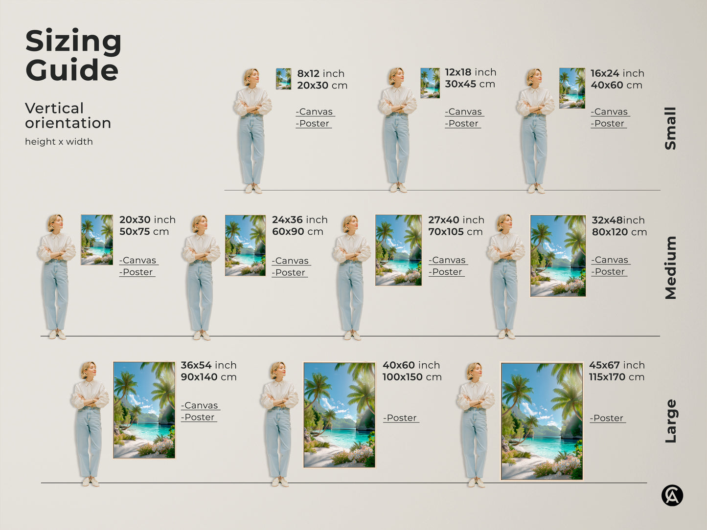 Sizing guide for vertical beach art. Visualize canvas and poster prints in various sizes. From 8x12 to 45x67 inches. Perfect for small medium or large spaces. Find the ideal fit for your tropical artwork.