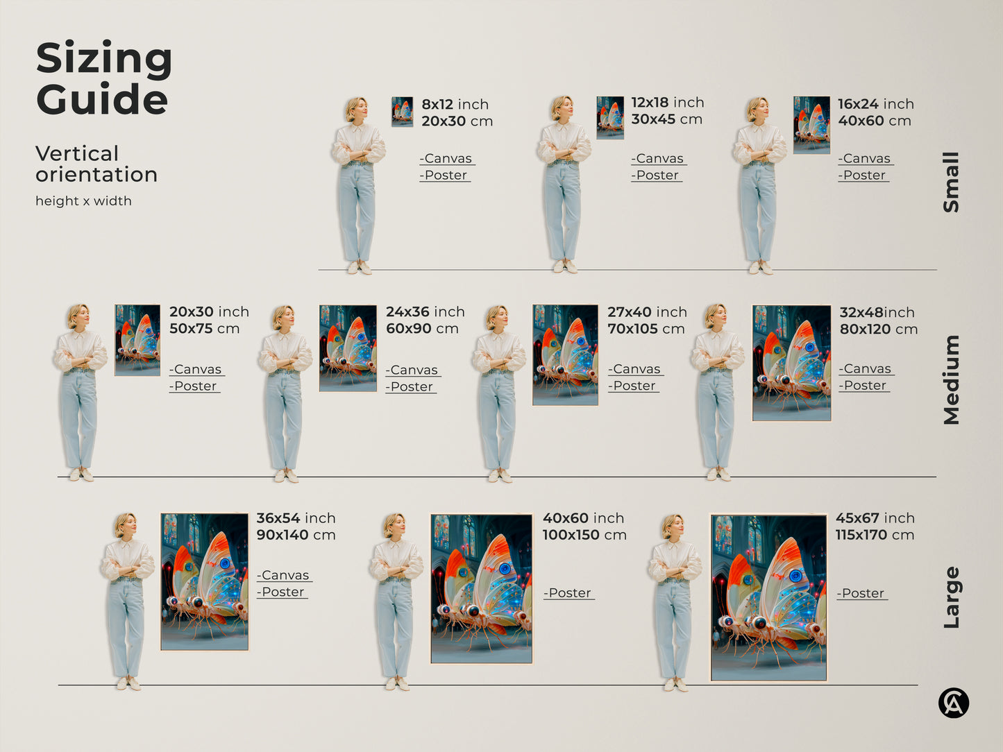 Sizing guide for cyberpunk butterfly canvas print. Vertical orientation heights and widths are shown. It comes in small medium and large sizes. It makes great eclectic living room art. This electric blue orange teal art is a great housewarming gift.