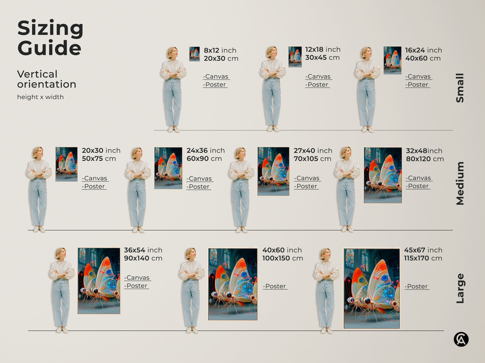 Sizing guide for cyberpunk butterfly canvas print. Vertical orientation heights and widths are shown. It comes in small medium and large sizes. It makes great eclectic living room art. This electric blue orange teal art is a great housewarming gift.