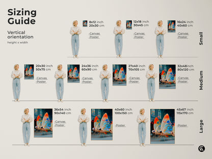 Sizing guide for cyberpunk butterfly canvas print. Vertical orientation heights and widths are shown. It comes in small medium and large sizes. It makes great eclectic living room art. This electric blue orange teal art is a great housewarming gift.