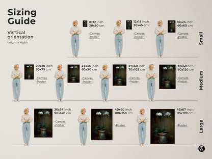 Sizing guide featuring the vertical orientation of the emerald green orchid art print. Available in small medium and large sizes on canvas and poster. This contemporary botanical decor is perfect for any room. Find the ideal fit for your space.