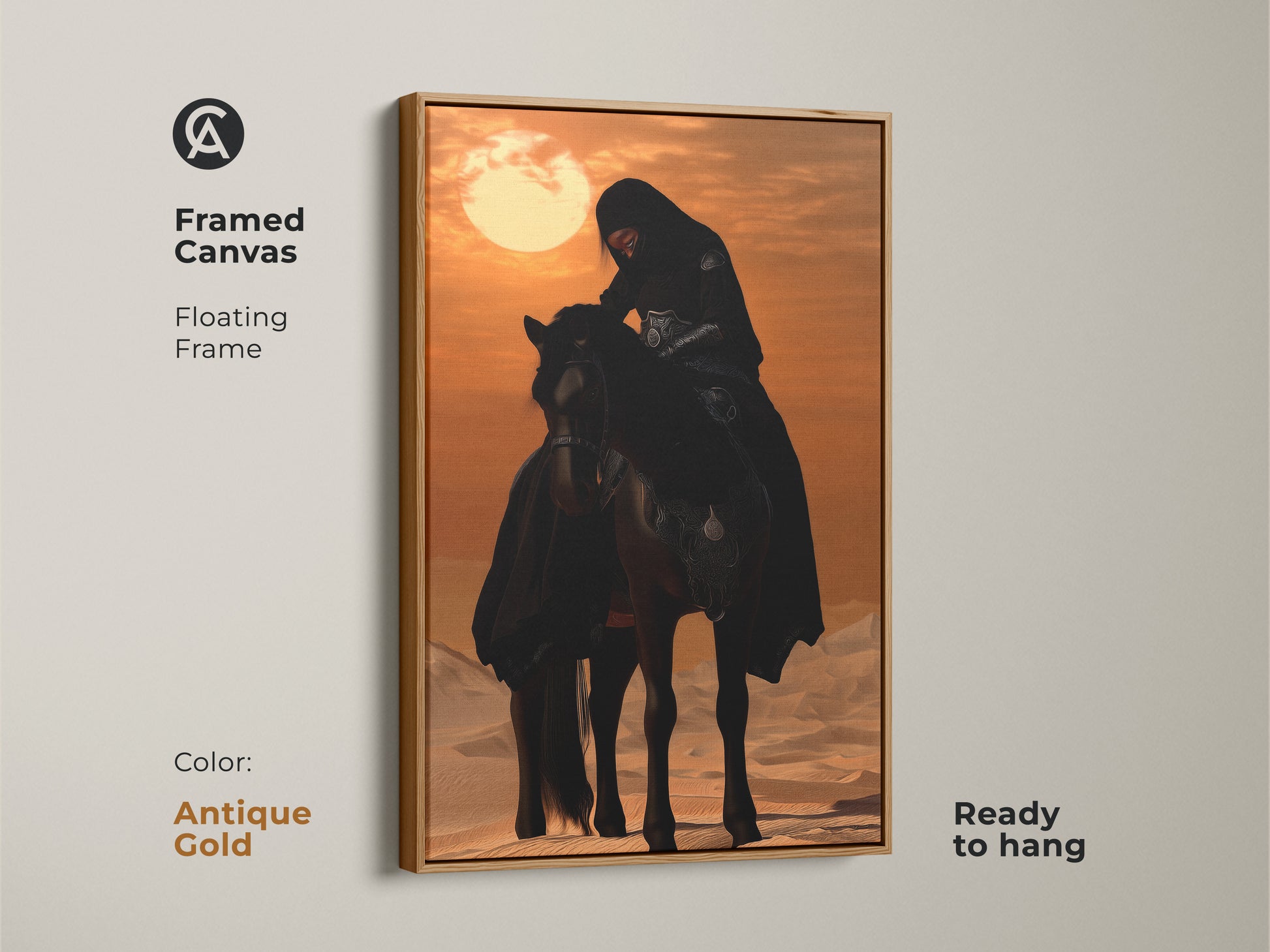 Eclectic desert rider art perfect as a thoughtful gift for horse lovers. This framed canvas in Antique Gold color adds compelling narrative to your space. It features a Desert Rider on an Arabian Horse against a warm desert sunset.