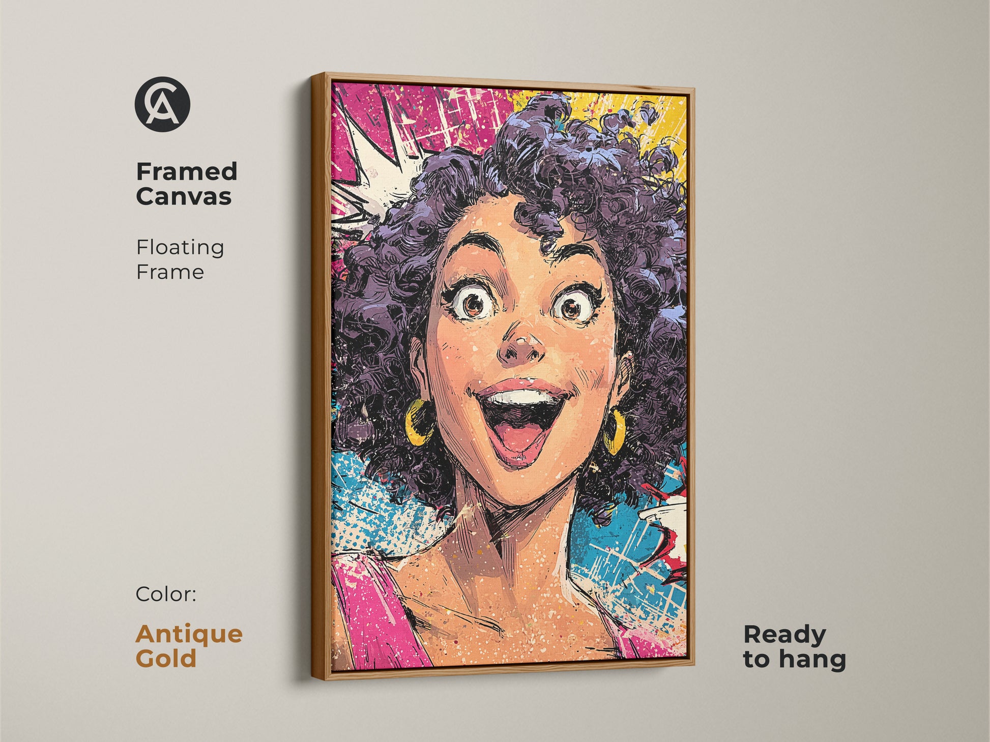 Framed canvas of a pop art woman with an antique gold floating frame. The artwork is ready to hang. The antique gold frame adds a touch of sophistication to the comic book style art. The pink yellow and blue colors create a lively and eclectic piece. This expressive portrait is a perfect gift for any pop culture fan