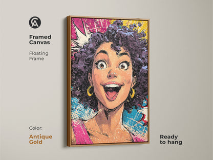 Framed canvas of a pop art woman with an antique gold floating frame. The artwork is ready to hang. The antique gold frame adds a touch of sophistication to the comic book style art. The pink yellow and blue colors create a lively and eclectic piece. This expressive portrait is a perfect gift for any pop culture fan