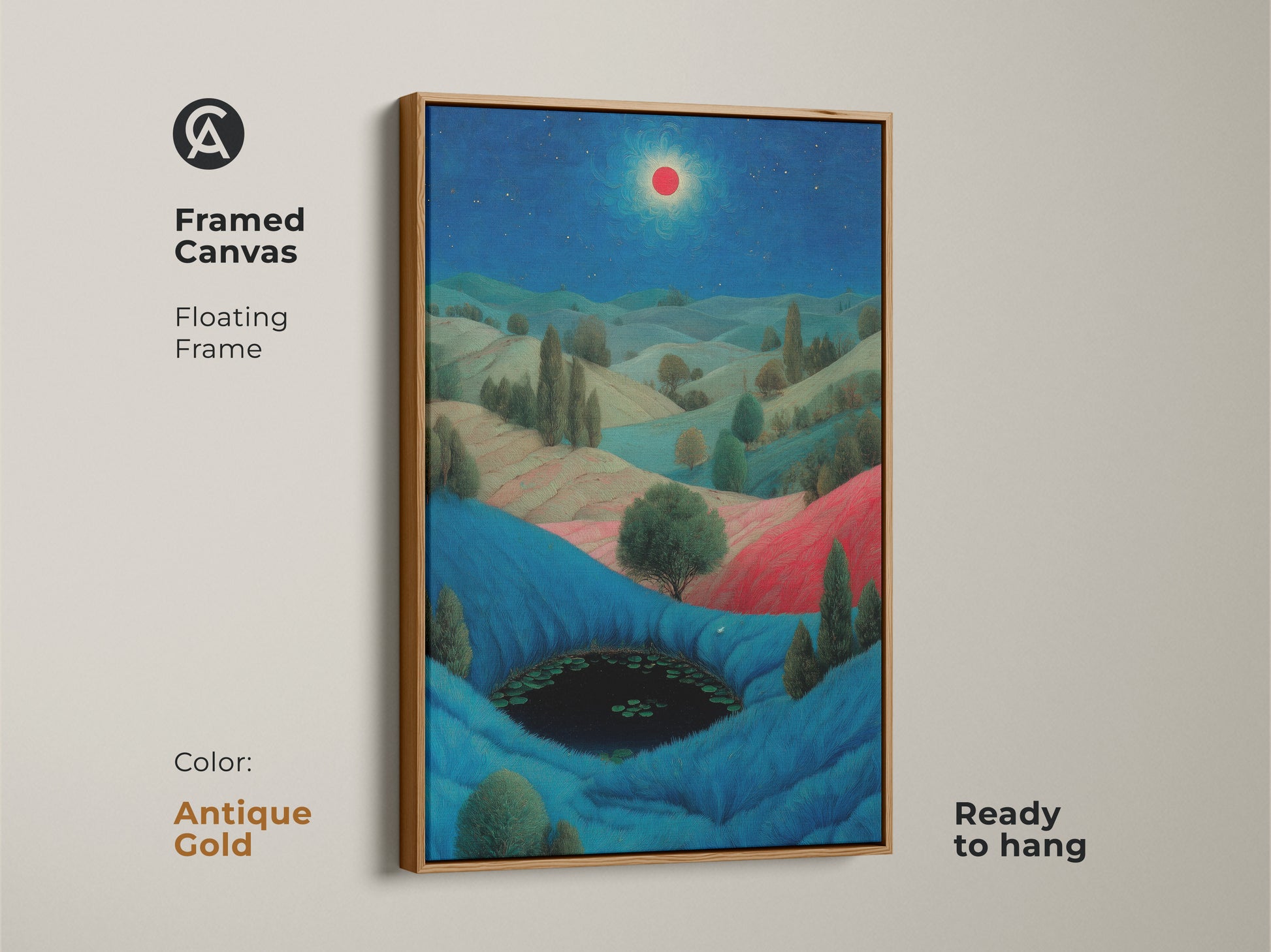 A unique eclectic art print. This surreal landscape canvas art features fantasy hills and a tranquil pond. The red sun and blue hues offer a dreamy feel. It is an ideal gift for dreamers and art enthusiasts.
