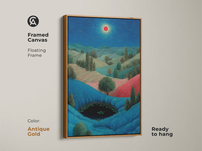 A unique eclectic art print. This surreal landscape canvas art features fantasy hills and a tranquil pond. The red sun and blue hues offer a dreamy feel. It is an ideal gift for dreamers and art enthusiasts.