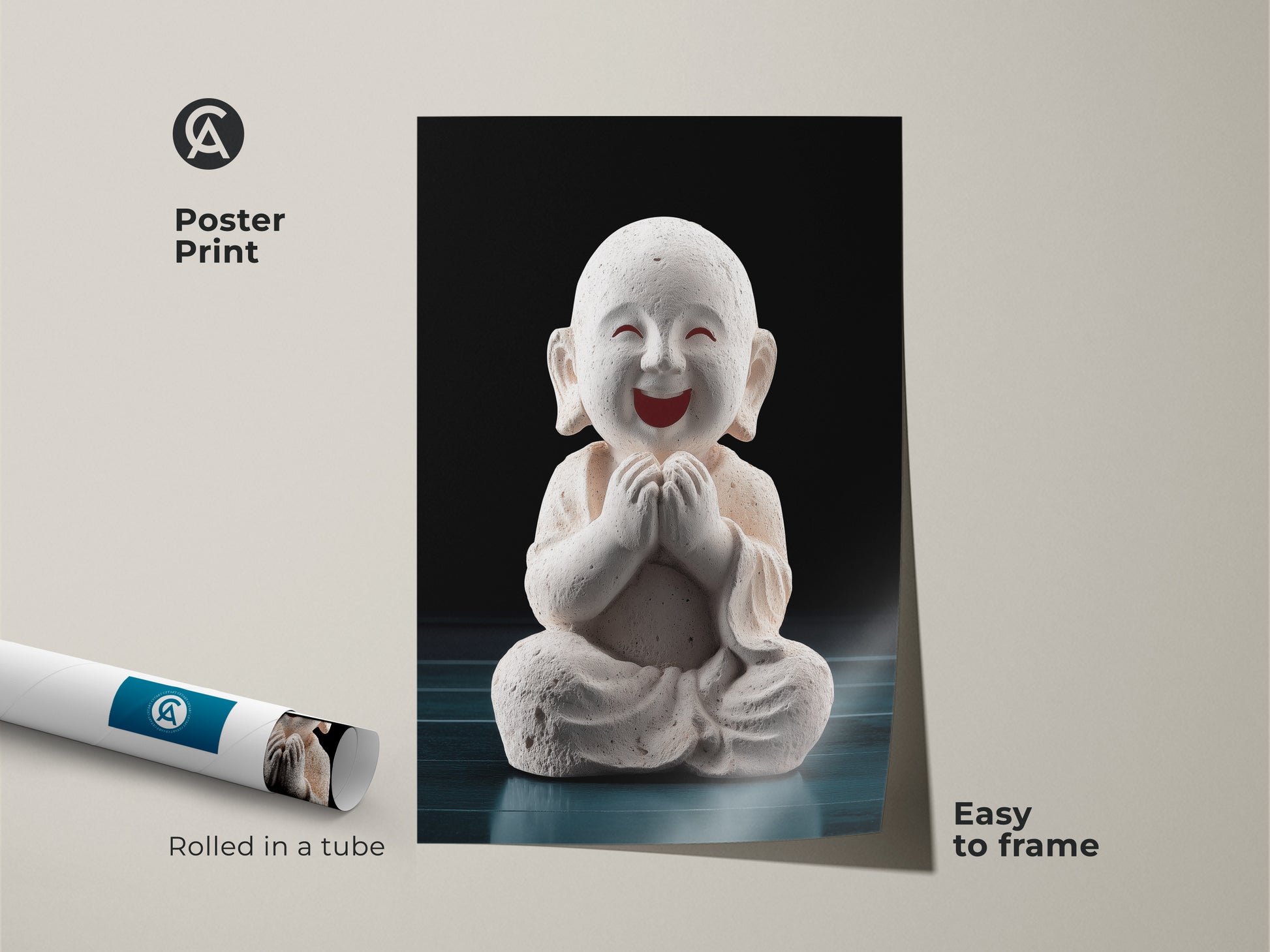 Poster Print of Minimalist Buddha Art. This zen monk print comes rolled in a tube easy to frame. It features spiritual home decor in beige and teal colors. This is a contemporary spiritual art.