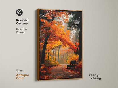 Brighten your space with this framed canvas artwork. The art shows an autumn park scene with fiery orange trees and a peaceful bench. The floating frame in antique gold adds a touch of sophistication. This ready-to-hang piece brings the beauty of fall indoors.