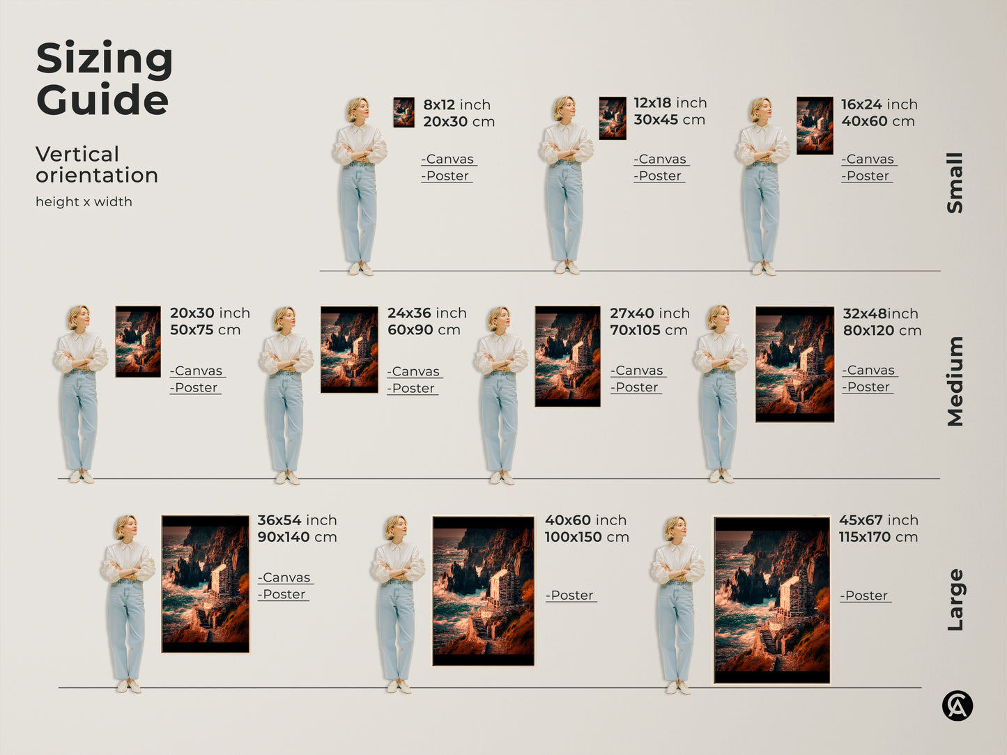 Sizing guide for vertical coastal artwork featuring a stone house on cliffs. Available as canvas or poster in sizes from 8x12 to 45x67 inches. Perfect for small to large spaces.