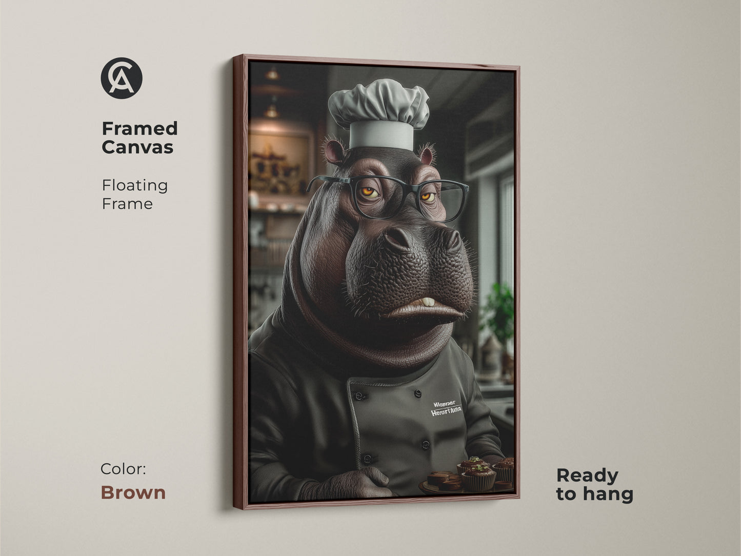 This framed canvas features a charming hippo chef holding muffins. Displayed in a floating brown frame this warm piece adds humor to any kitchen or office. It's a delightful artwork for bakers adding a smile and personality to walls. This makes a perfect gift for birthdays or housewarmings.