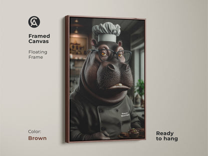This framed canvas features a charming hippo chef holding muffins. Displayed in a floating brown frame this warm piece adds humor to any kitchen or office. It's a delightful artwork for bakers adding a smile and personality to walls. This makes a perfect gift for birthdays or housewarmings.