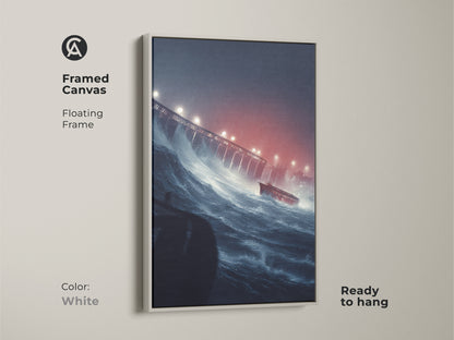 Framed canvas of a ship in a stormy sea with a floating white frame. This nautical art features dark blue ocean waves and a red ship near a bridge. Ready to hang this unique wall art brings a dramatic flair to your home. Perfect as a gift for sailor.