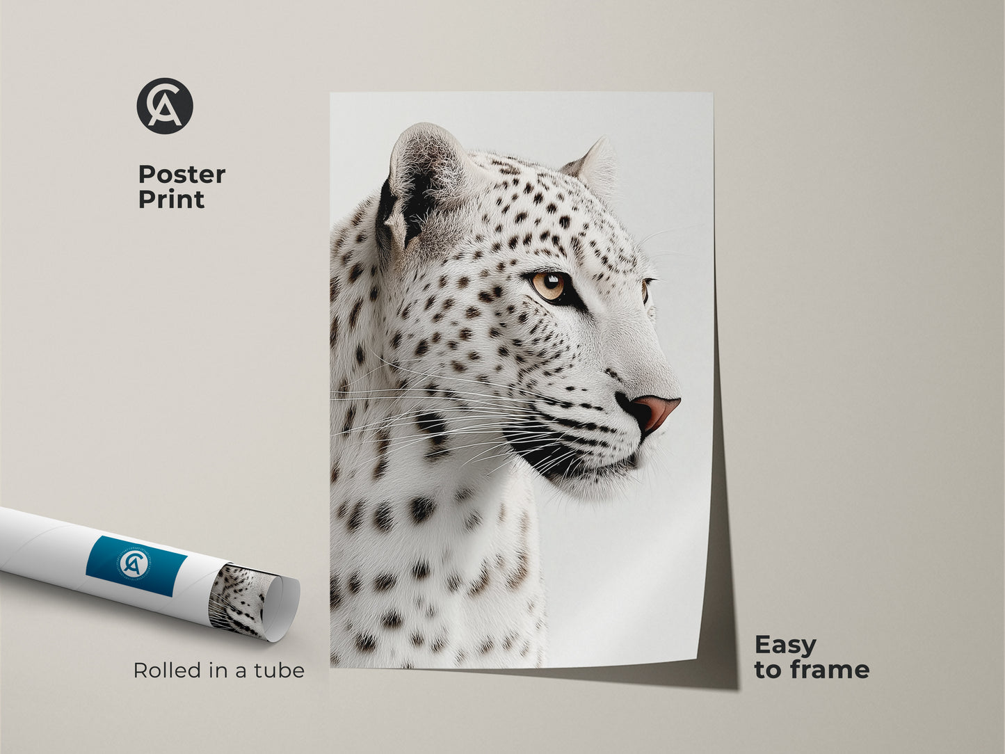 A rolled poster print displays realistic monochrome snow leopard artwork. Easy to frame this wildlife art is perfect for any room. This fine art poster is a great gift for wildlife enthusiasts home.